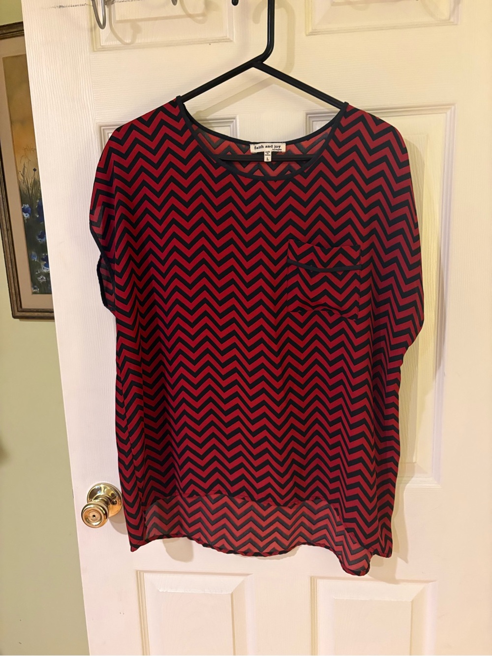 Faith and Joy Red and Black Chevron Pocket Blouse